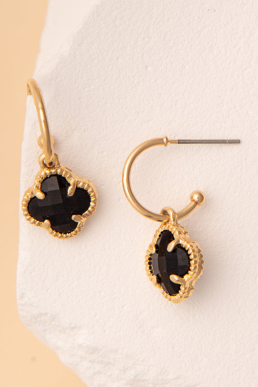 Alexandra Crystal Clover Open Hoop Earrings | Black