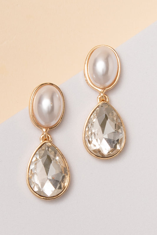 Penelope Oval Stone Post Earrings with Crystal Teardrop Accent | Pearl