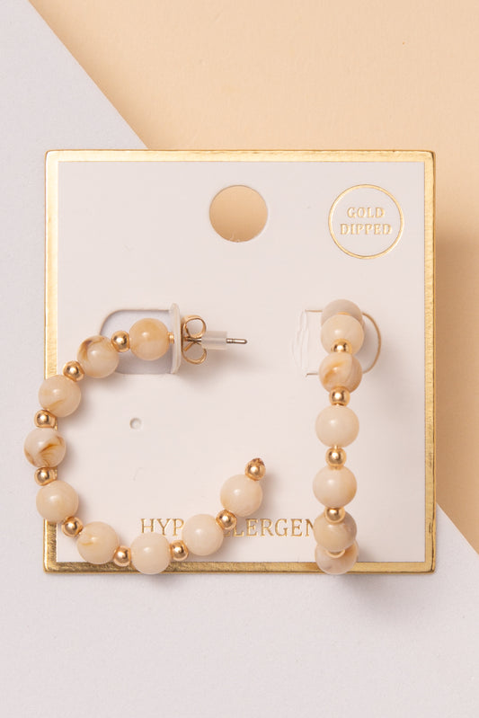 Kiara Gold Dipped Marble Beaded Open Hoop Earrings | Beige