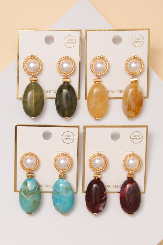 Celeste Acrylic Marble Oval Post Dangle Earrings with Pearl Studs