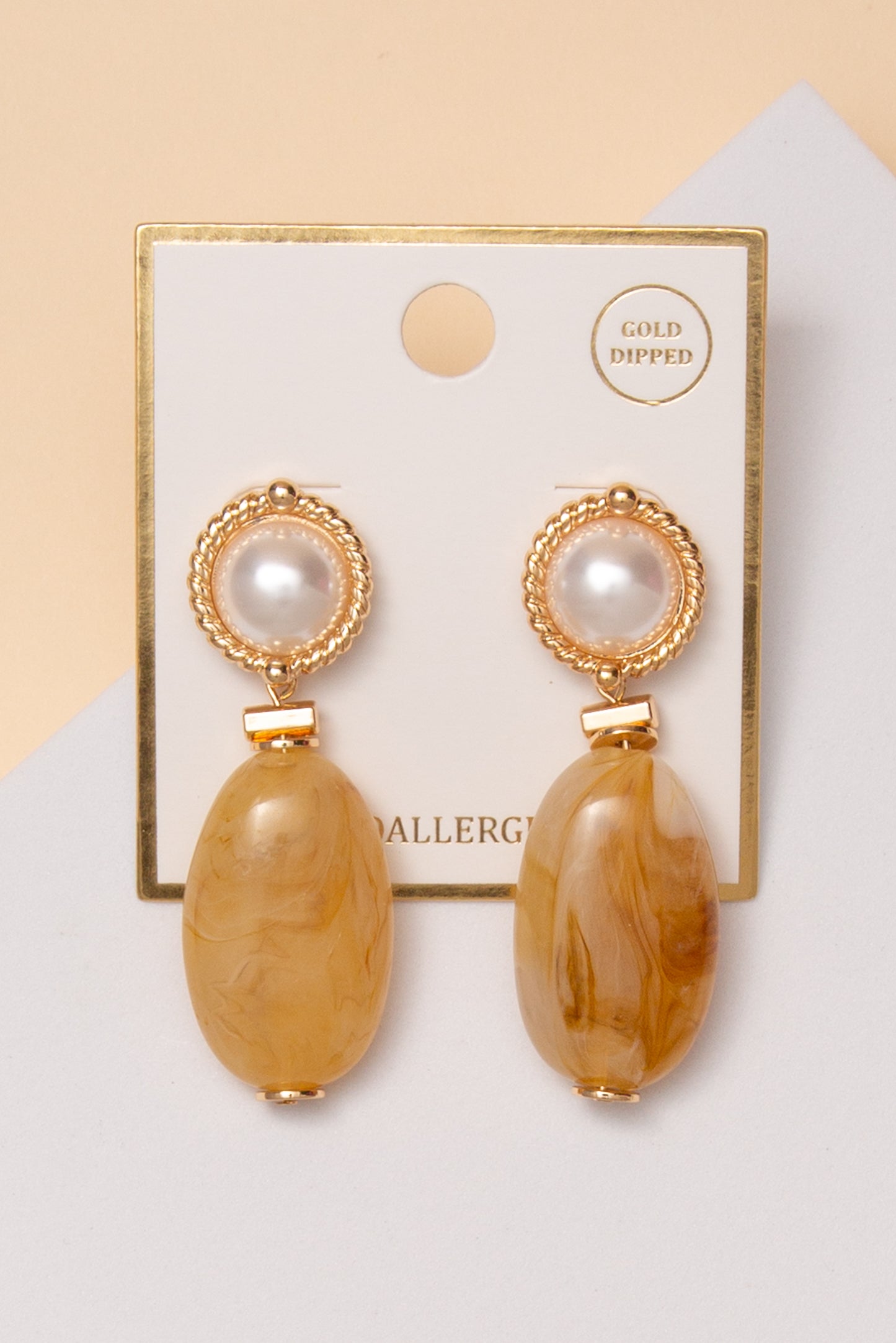 Celeste Acrylic Marble Oval Post Dangle Earrings with Pearl Studs | Beige