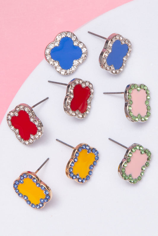 Laura Clover Shaped Enamel Stud Earrings with Rhinestone Border