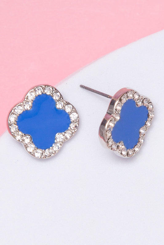 Laura Clover Shaped Enamel Stud Earrings with Rhinestone Border | Blue