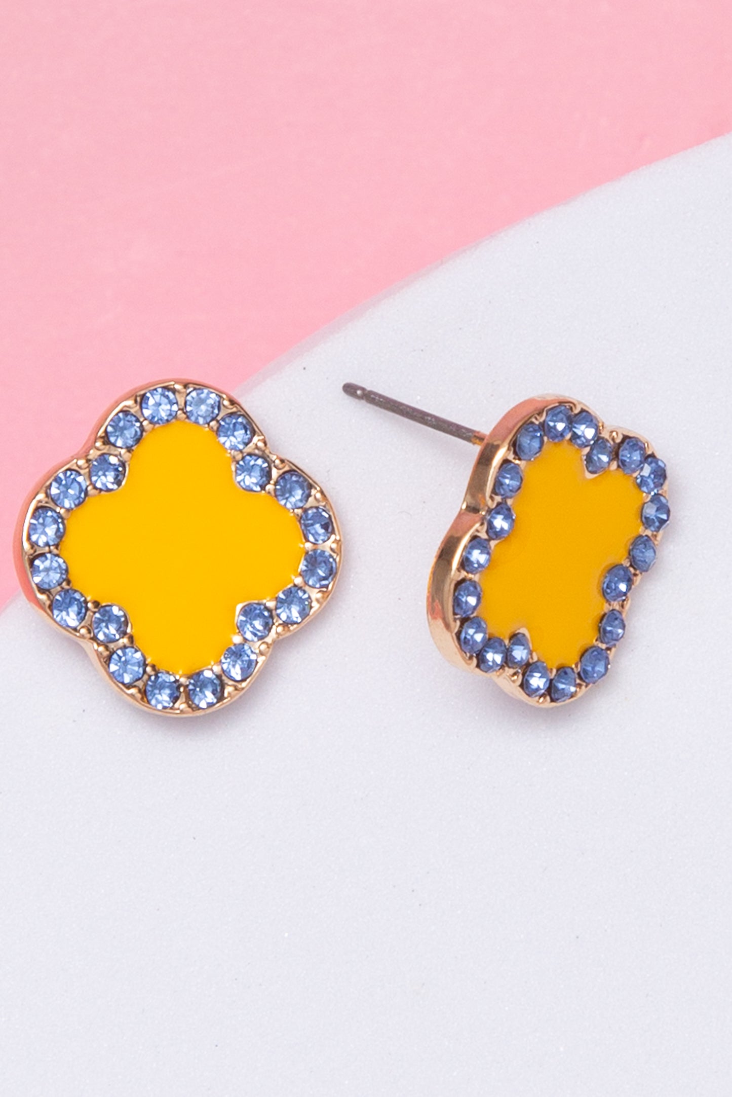 Laura Clover Shaped Enamel Stud Earrings with Rhinestone Border | Yellow