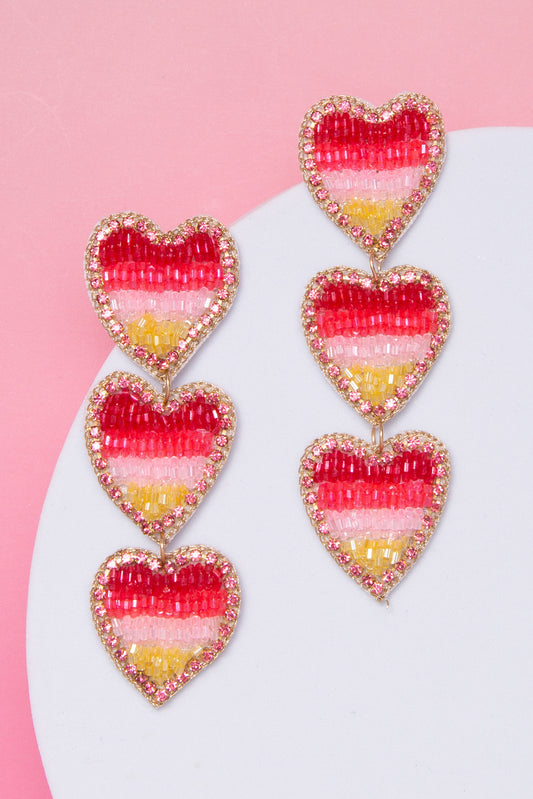 Lila Red, Pink, and Gold Tone Triple Heart Drop Earrings