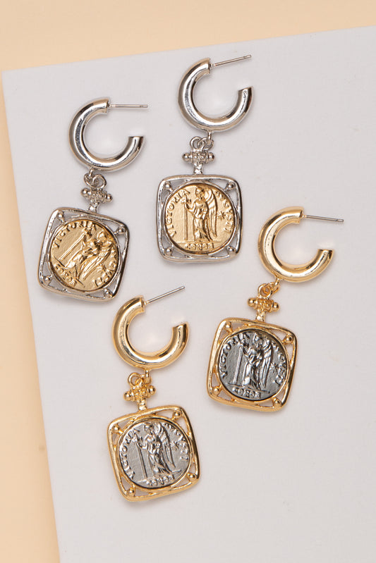 Jessica Square Huggie Medallion Dangle Earrings