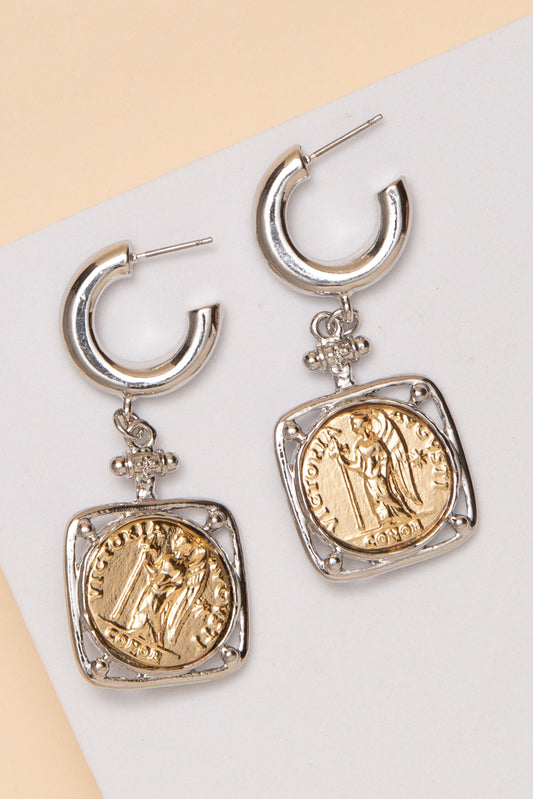 Jessica Square Huggie Medallion Dangle Earrings | Silver