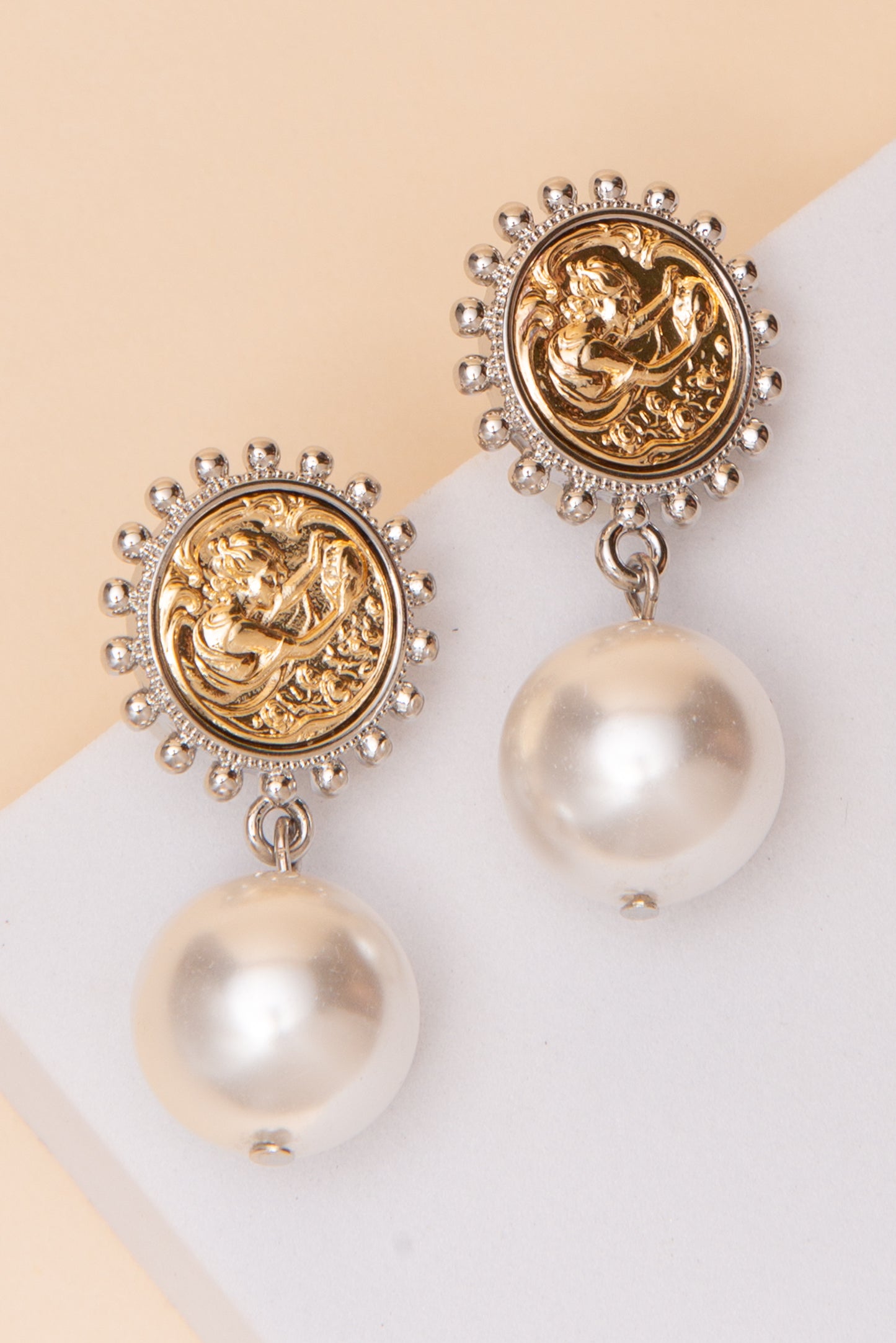 Sophia Two Tone Coin Pearl Drop Stud Earrings