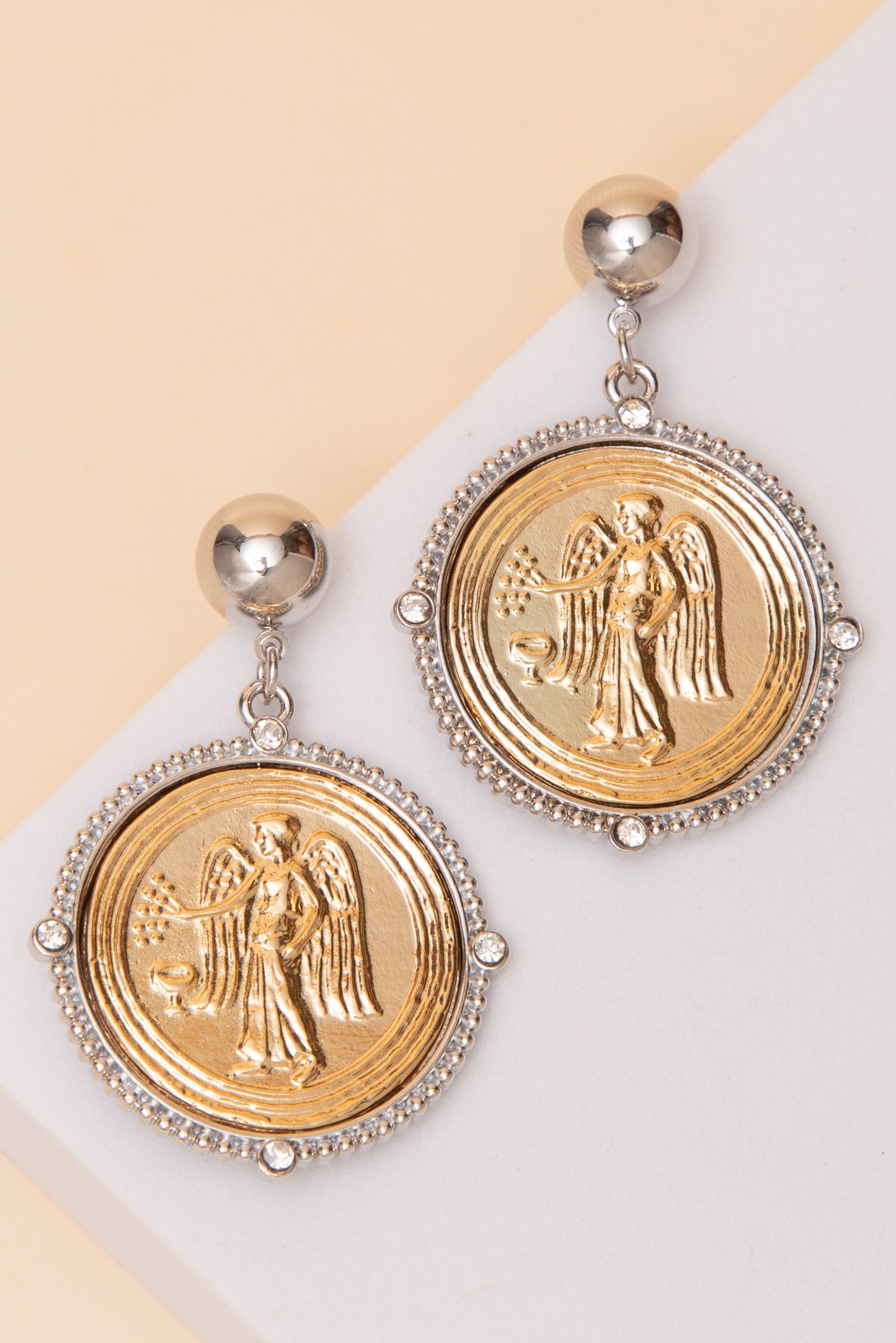 Hazel Two Tone Angel Coin Medallion Post Dangle Earrings