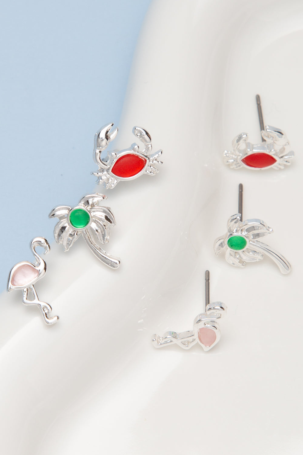 Audrey Crab, Flamingo, and Palm Tree Three Pair Stud Earring Set