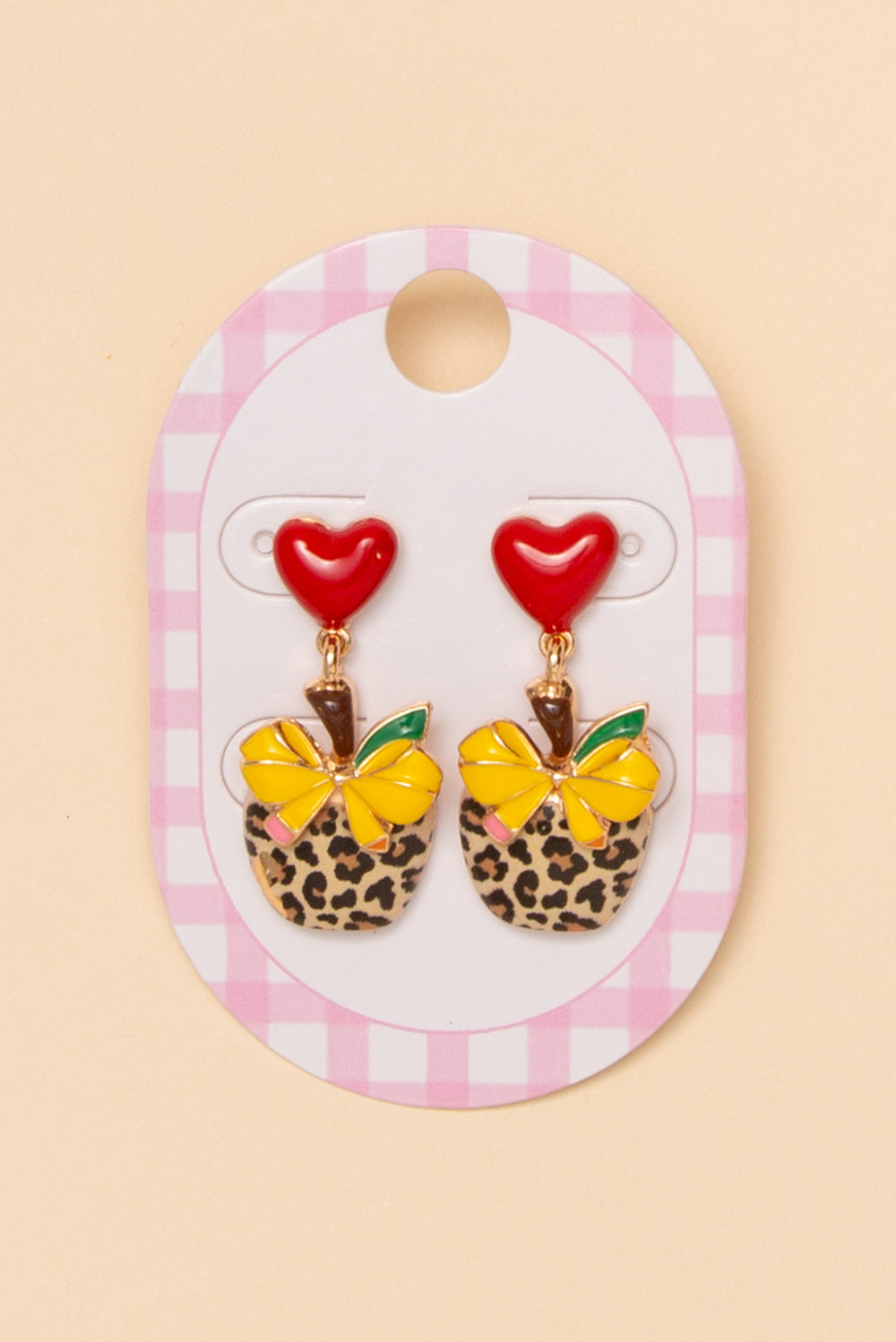 Sara Teacher Enamel Leopard Pattern Apple Bow Dangle Earrings