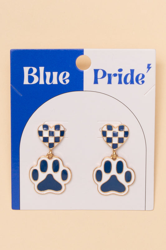 Arianna Gameday Checker Patterned Heart And Paw Dangle Earrings | Blue White 