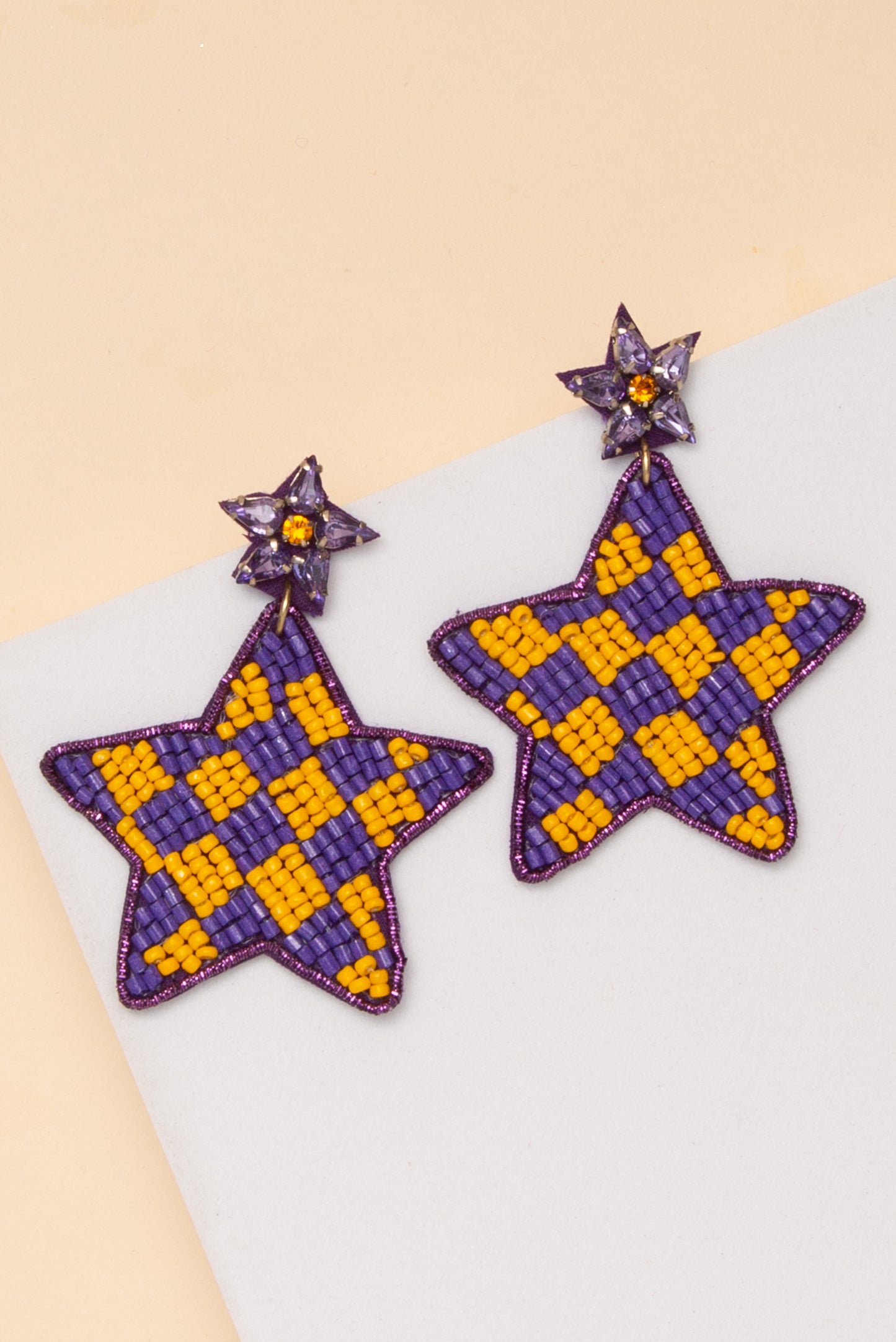 Phoebe Gameday Checker Pattern Beaded Star Drop Earrings