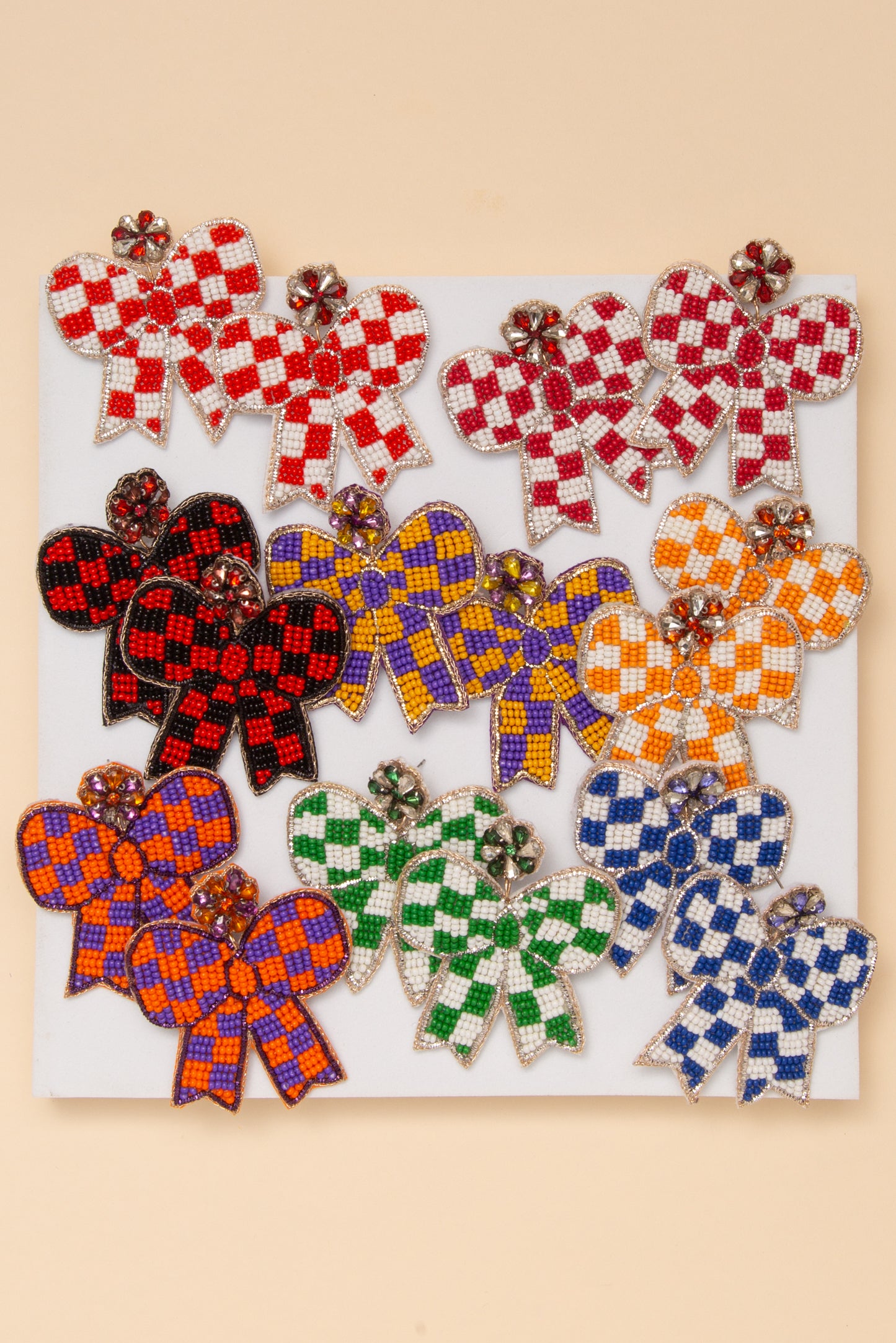 Anastasia Gameday Checker Pattern Beaded Bow Drop Earrings