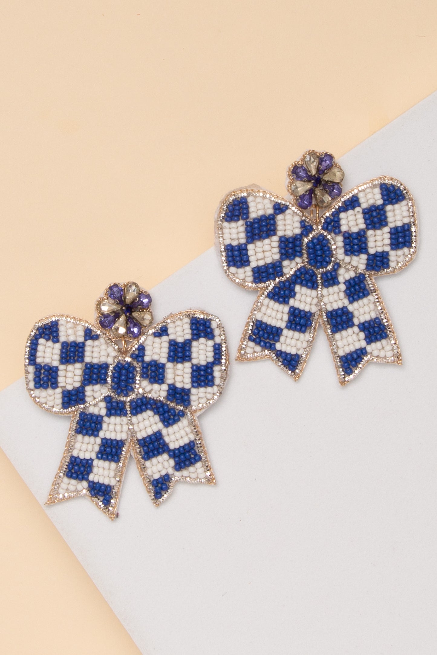 Anastasia Gameday Checker Pattern Beaded Bow Drop Earrings