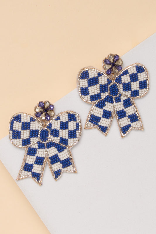 Anastasia Gameday Checker Pattern Beaded Bow Drop Earrings | Blue White
