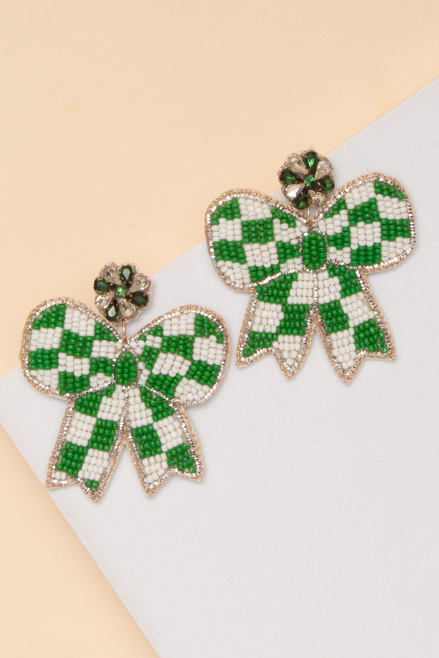 Anastasia Gameday Checker Pattern Beaded Bow Drop Earrings