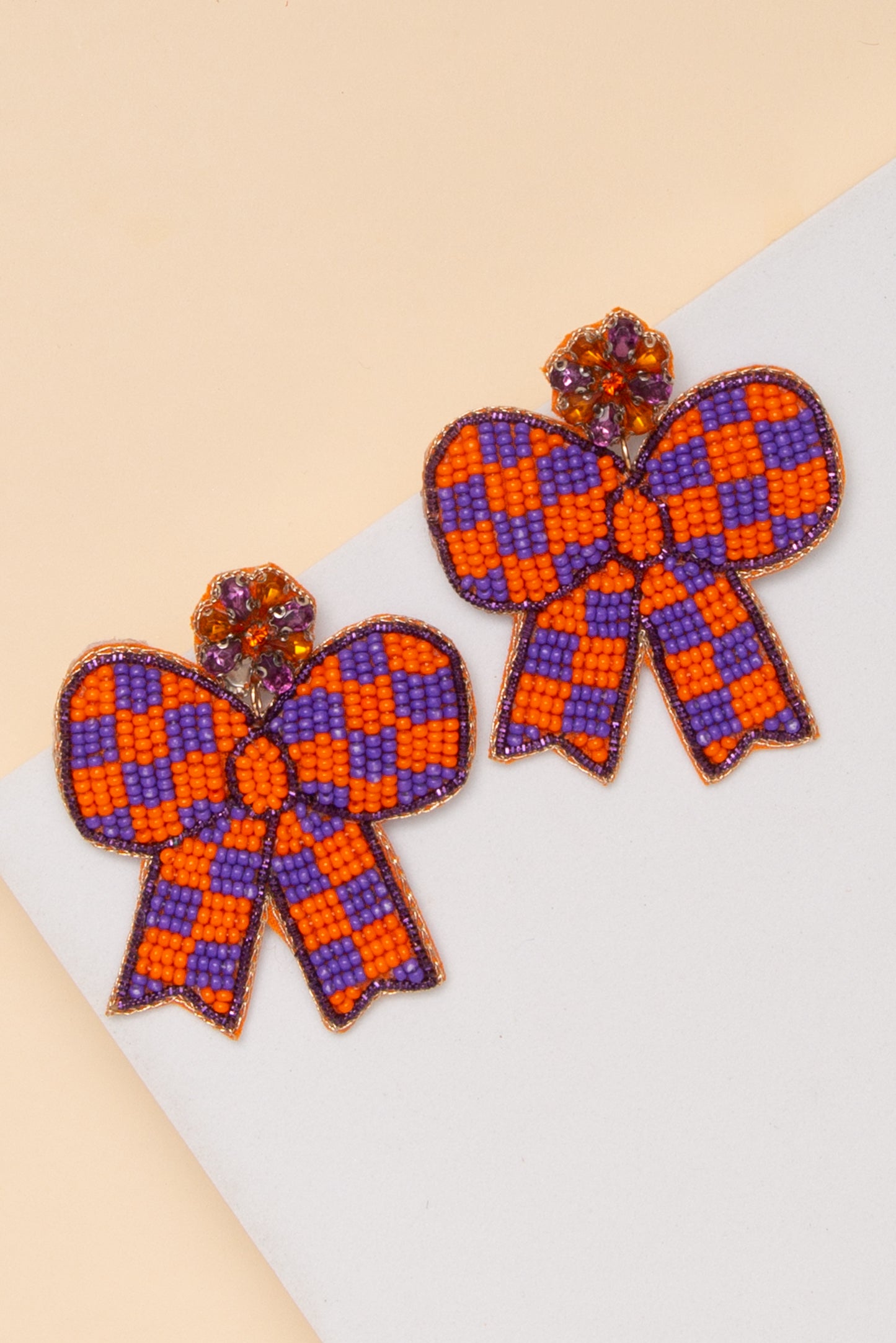 Anastasia Gameday Checker Pattern Beaded Bow Drop Earrings