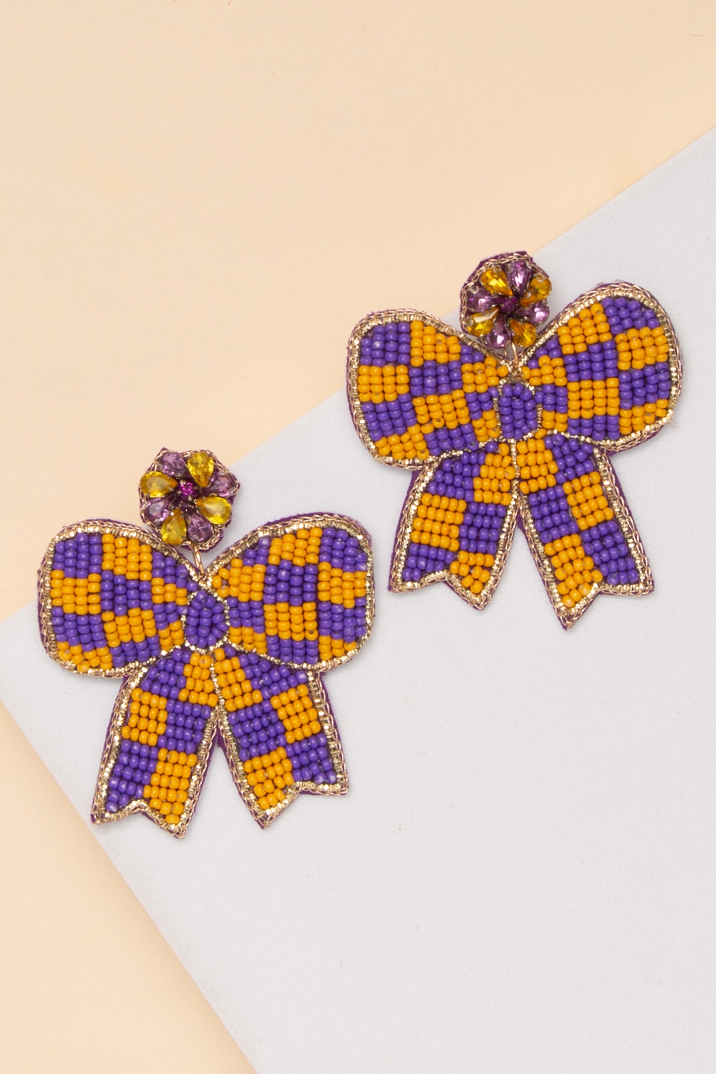 Anastasia Gameday Checker Pattern Beaded Bow Drop Earrings