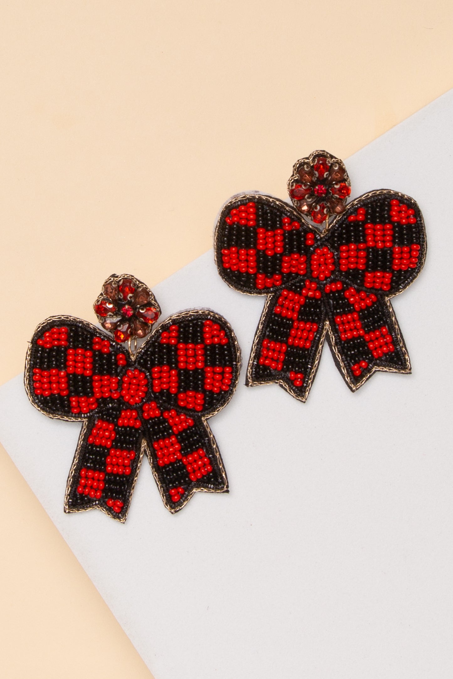 Anastasia Gameday Checker Pattern Beaded Bow Drop Earrings