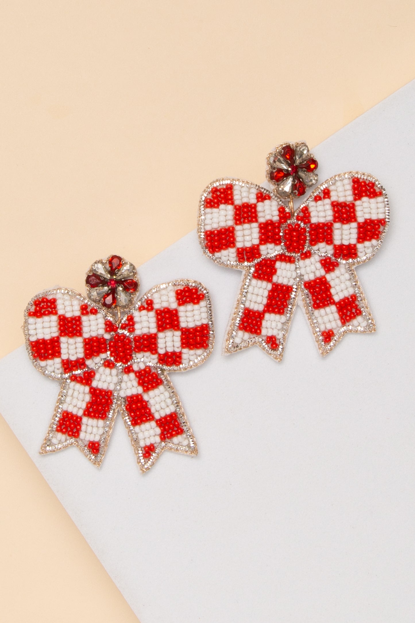 Anastasia Gameday Checker Pattern Beaded Bow Drop Earrings