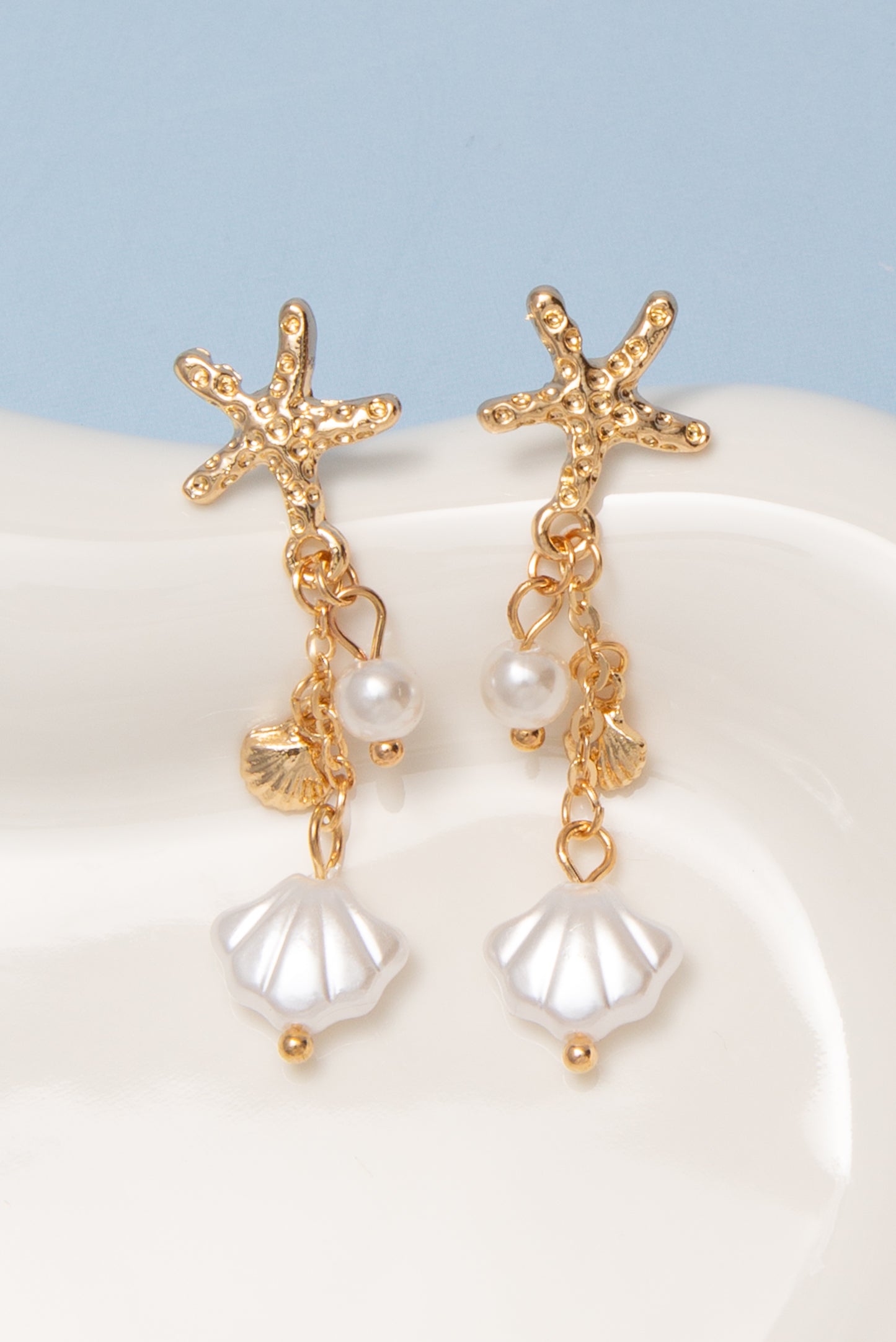 Lauren Starfish Shell And Pearl Charm Drop Earrings