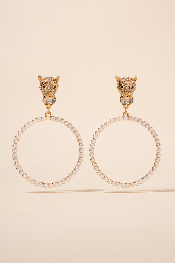 Jamila Leopard Rhinestone and Pearl Earring - Gold