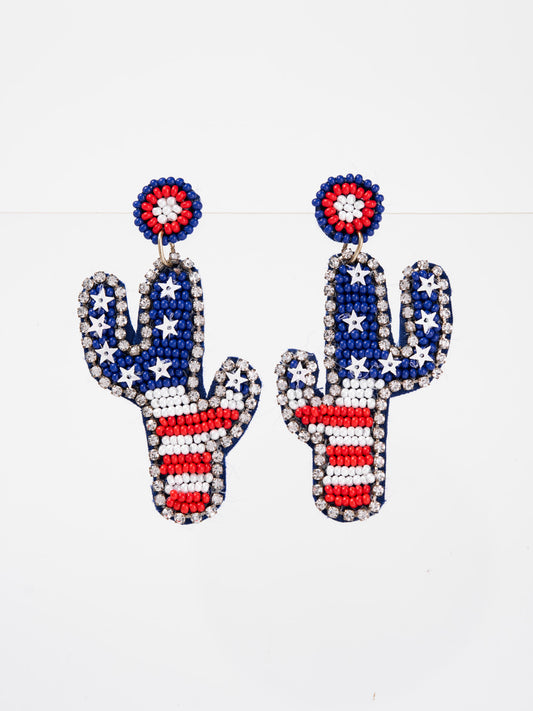 Eliza Patriotic Cowboy Boots Cactus Drop Earrings