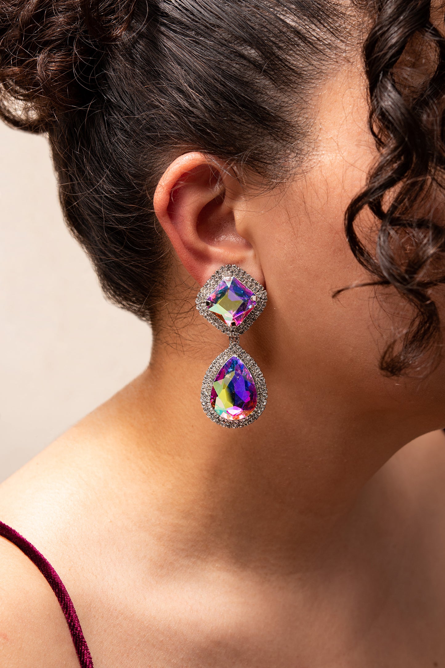 Rhinestone Clip On Glass Drop Earrings