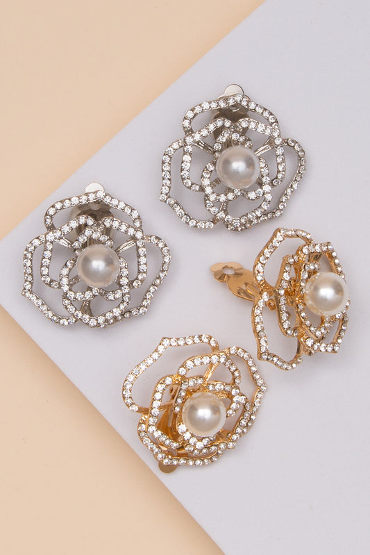 Kenzie Pearl Crystal Rose Outline Clip-On Earrings