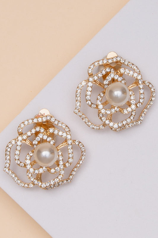 Kenzie Pearl Crystal Rose Outline Clip-On Earrings | Gold