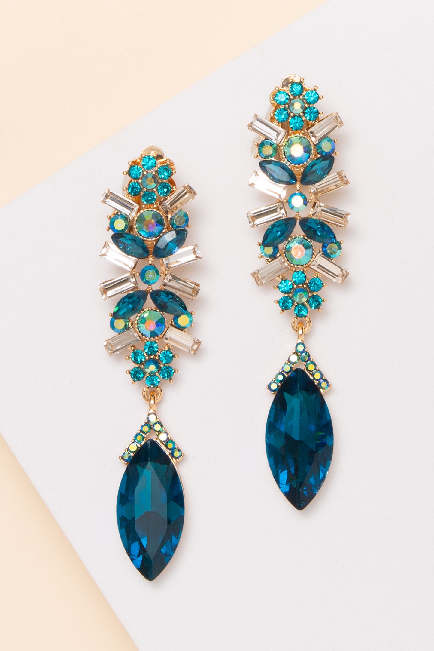 Kaitlyn Flower Rhinestone Crystal Clip-On Drop Earrings | Blue