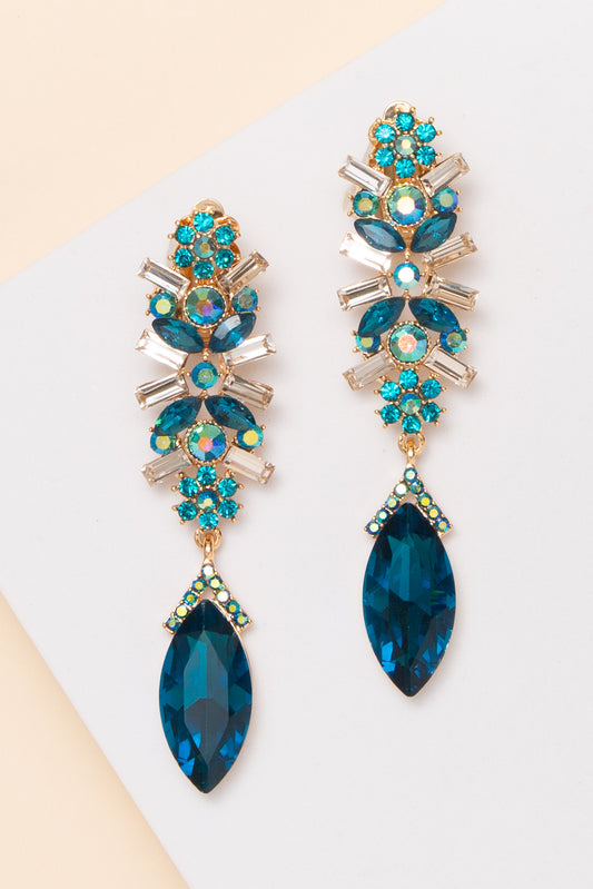 Kaitlyn Flower Rhinestone Crystal Clip-On Drop Earrings | Blue