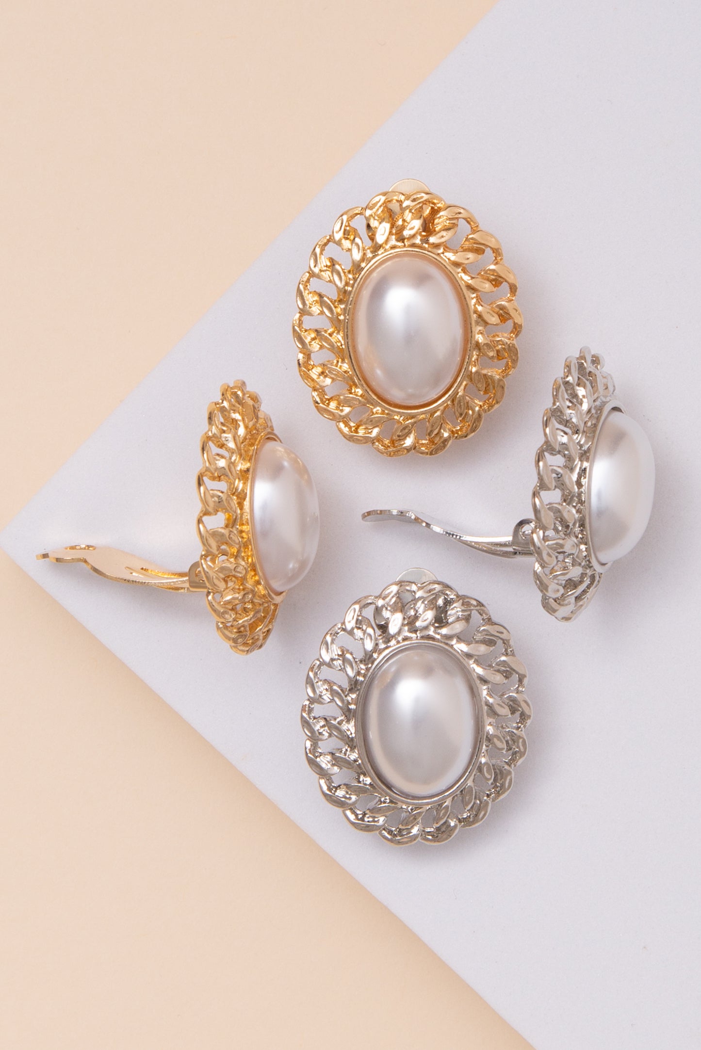 Nola Pearl Bezeled Clip On Earrings with Oval Trim