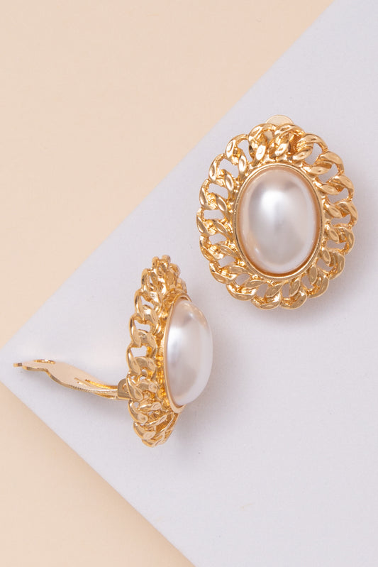 Nola Pearl Bezeled Clip On Earrings with Oval Trim | Gold