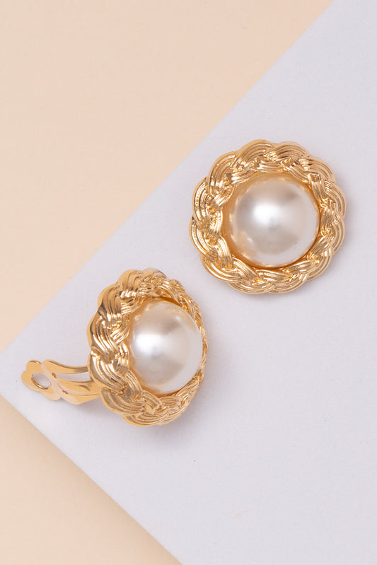 Paula Clip On Earrings with Pearl Center and Braided Metal Trim | Gold