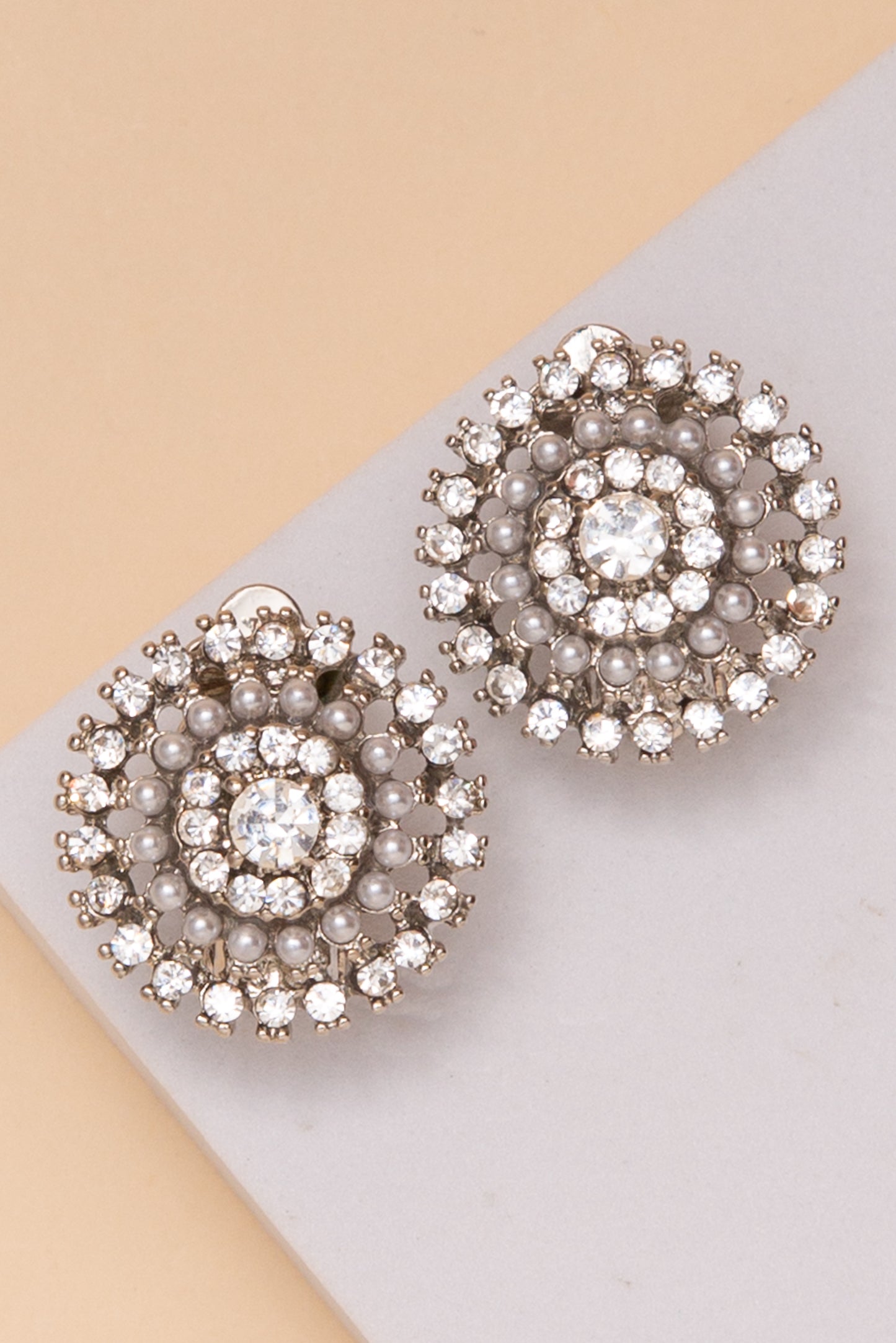Ashley Multi Row Crystal Pearl Cluster Clip Earrings