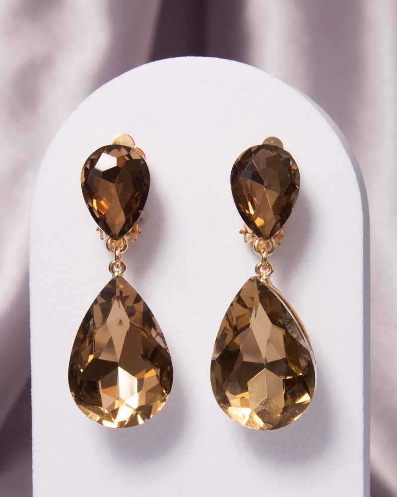 Octavia Two-Tier Teardrop-Cut Crystal Dangle Clip-On Earrings | Brown