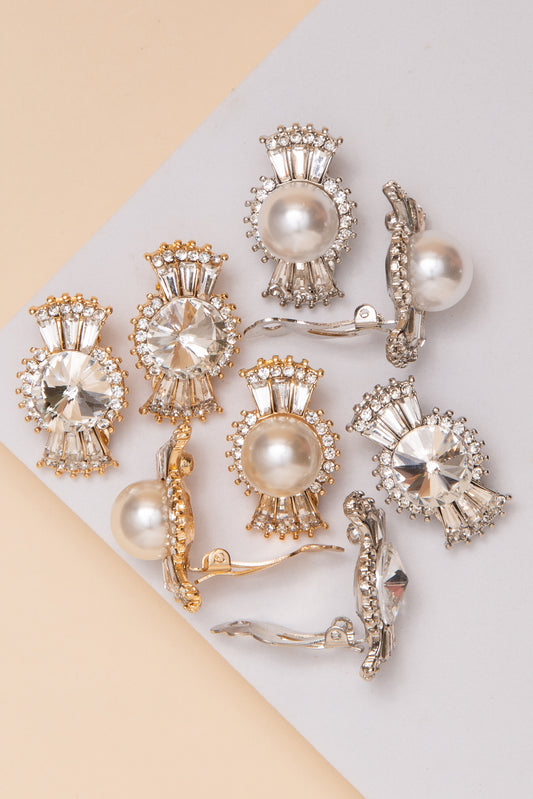 Annie Pearl Multi-Faceted Crystal with Baguette Clip on Earrings