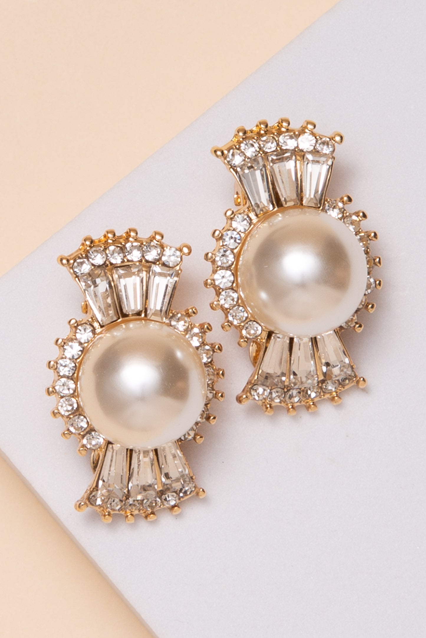 Annie Pearl Multi-Faceted Crystal with Baguette Clip on Earrings