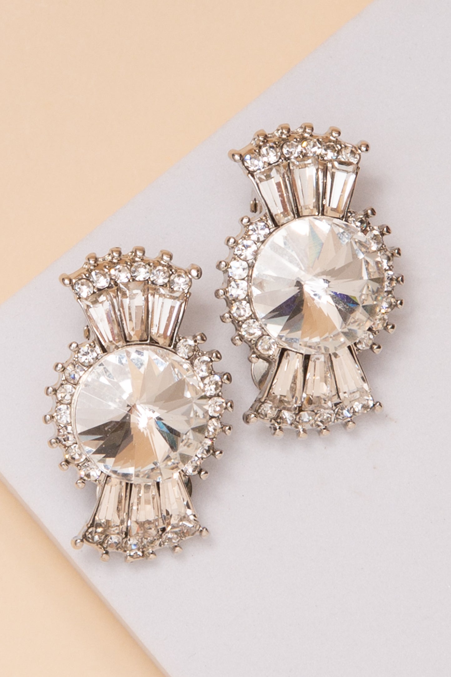 Annie Pearl Multi-Faceted Crystal with Baguette Clip on Earrings