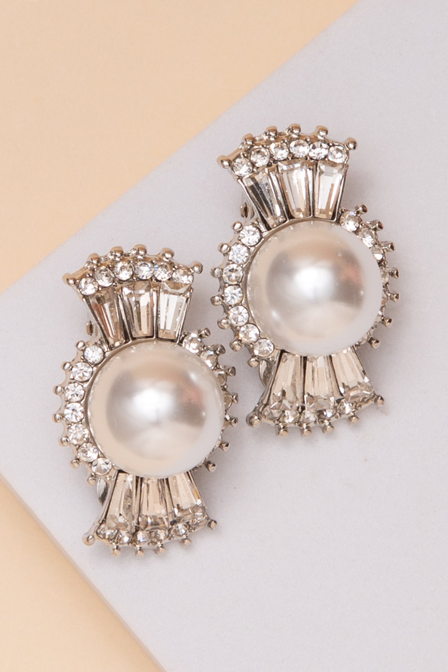 Annie Pearl Multi-Faceted Crystal with Baguette Clip on Earrings