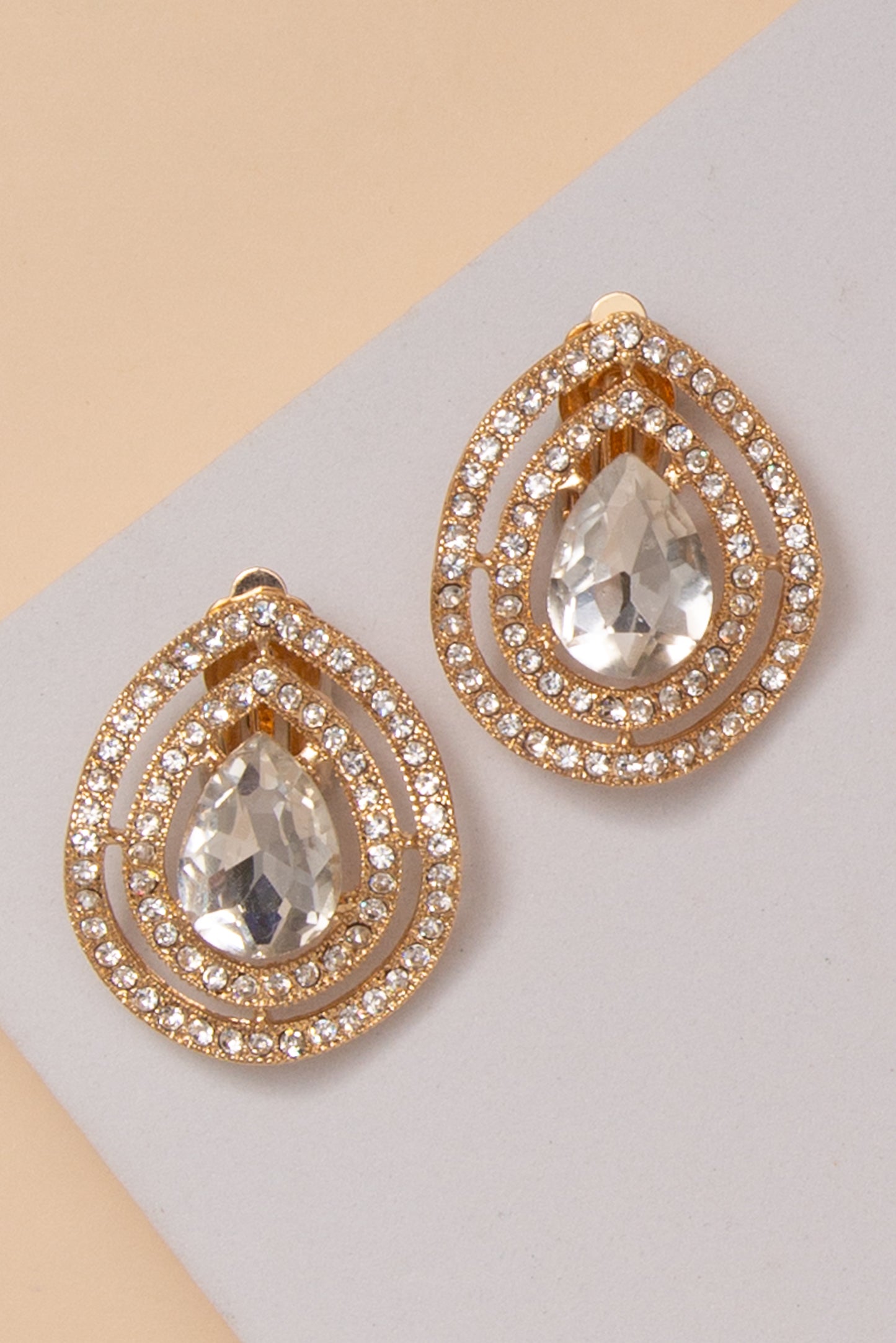 Colette Rhinestone Halo Teardrop Clip On Earrings | Gold Clear