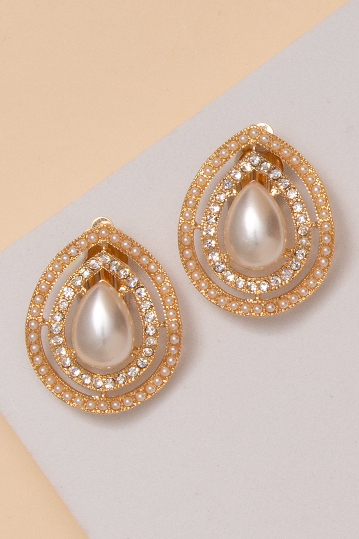 Colette Rhinestone Halo Teardrop Clip On Earrings | Gold Pearl