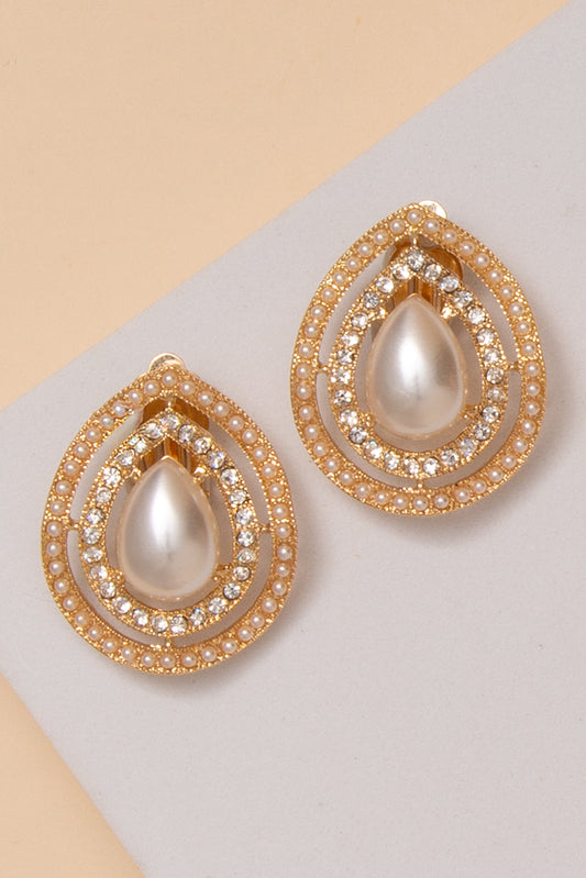 Colette Rhinestone Halo Teardrop Clip On Earrings | Gold Pearl