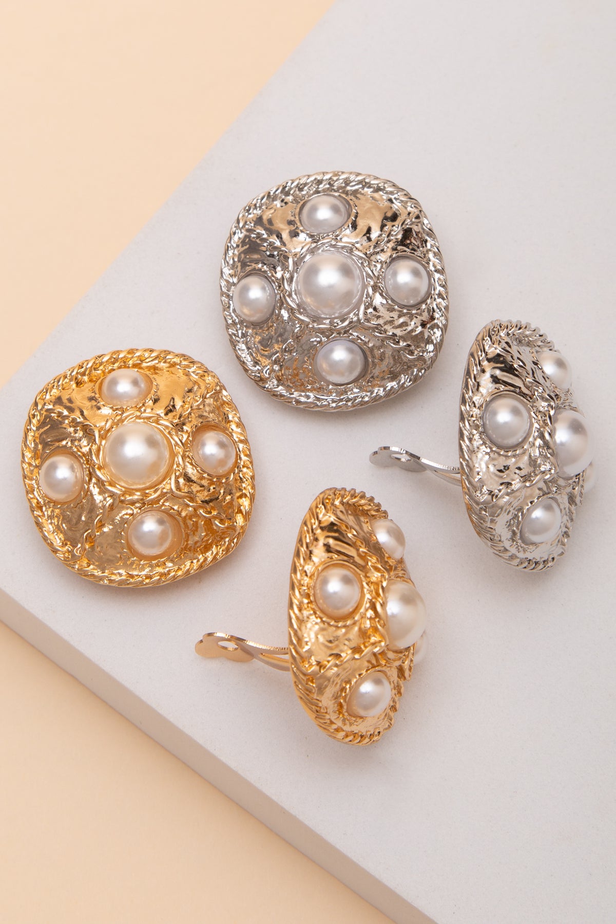 Blaire Textured Rope Edge Pearl Clip Earrings