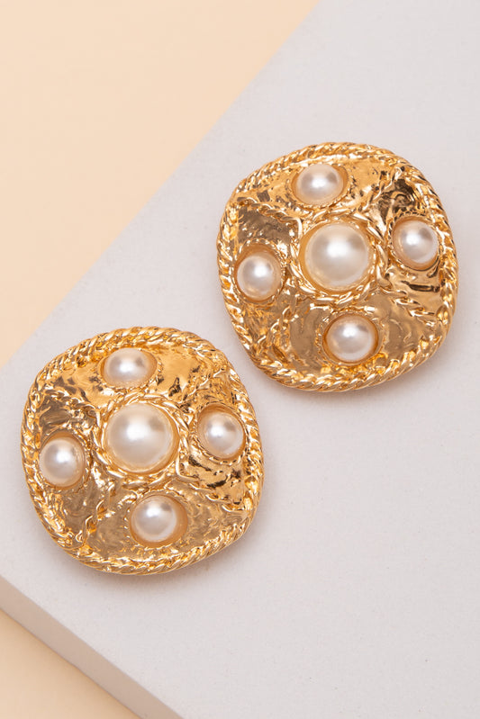 Blaire Textured Rope Edge Pearl Clip Earrings | Gold