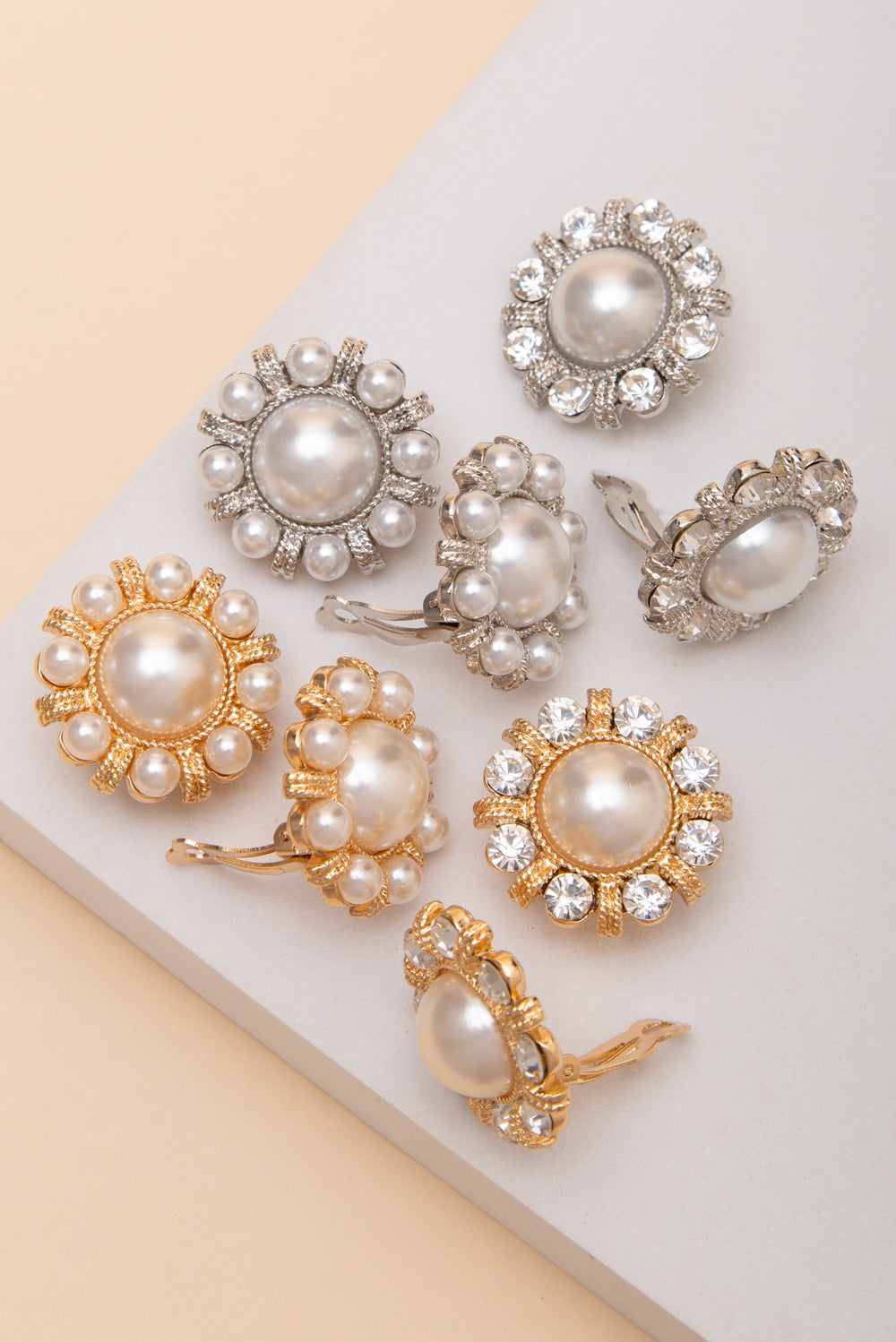 Kira Pearl Center Crystal Border Clip On Earrings