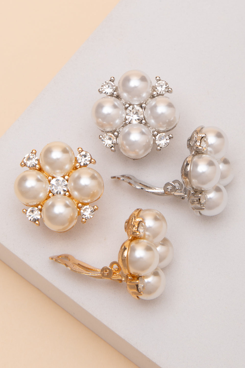 Liana Four Pearl Flower Clip On Earrings With Crystal Detail