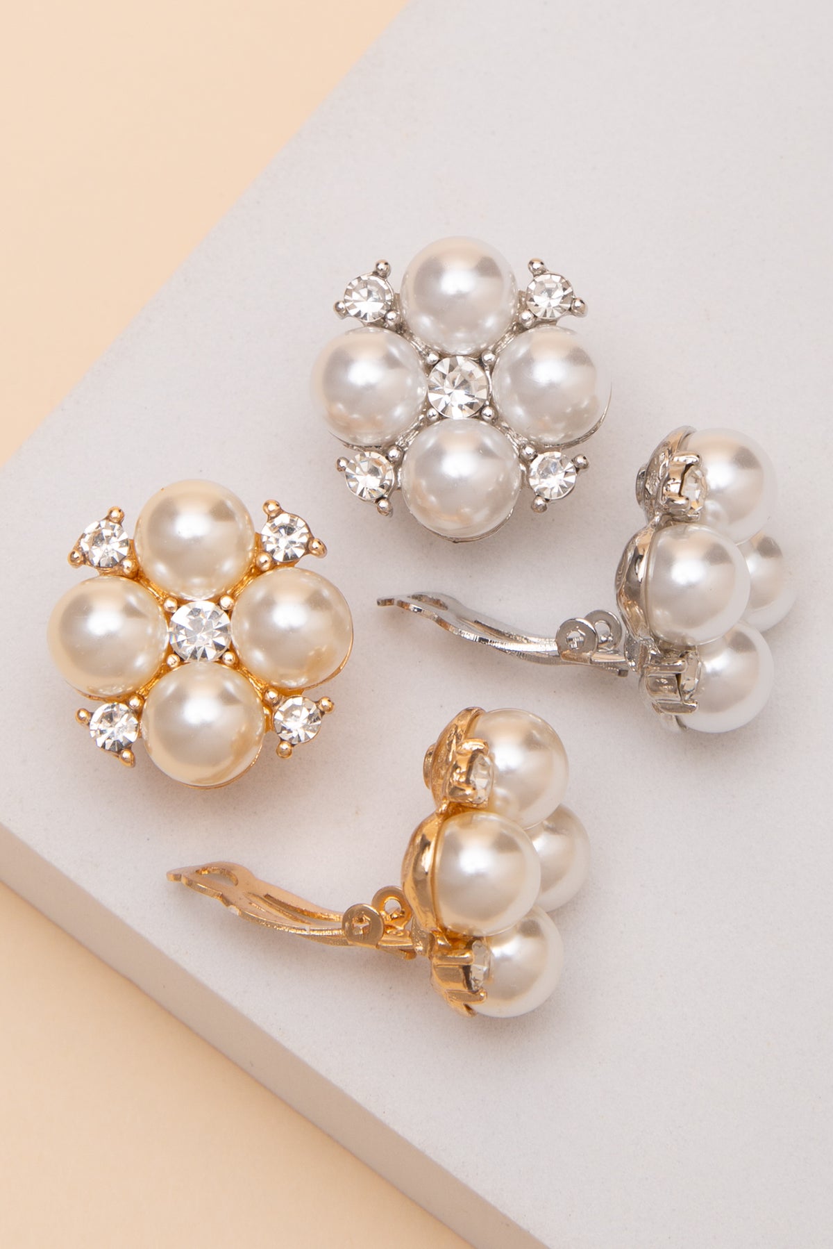 Liana Four Pearl Flower Clip On Earrings With Crystal Detail